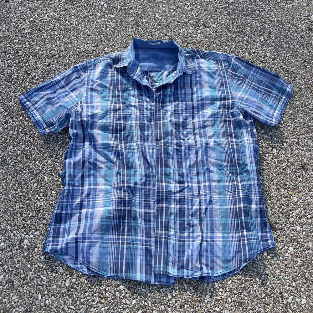 Bugatchi Shirt Mens XL Blue Plaid Short Sleeve Shaped Fit Button Up Casual